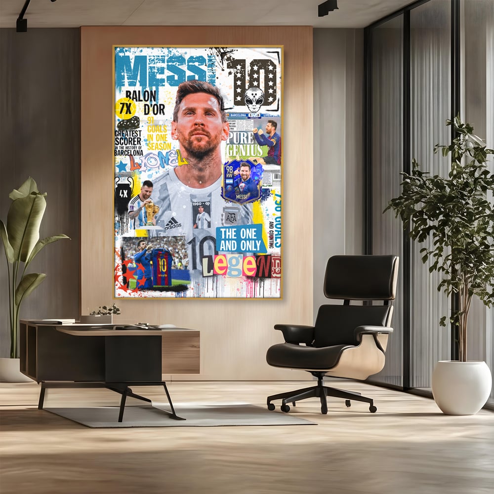 Tablou canvas cu tablou canvas cu lionel messi, in rama de aluminiu auriu, pe perete intr-un birou